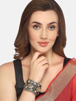 Moedbuille - Kundan Studded Antique Floral Design Oxidised Silver Plated Tribal Cuff