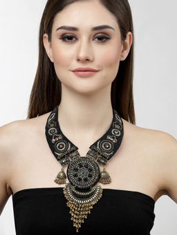 Moedbuille - Crystals & Beads Antique Design Oxidised Gold Plated Tasselled Necklace
