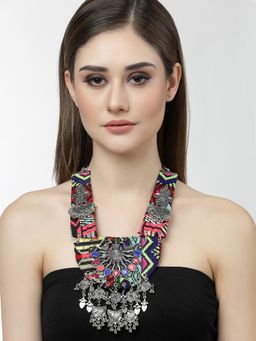 Moedbuille - Crystals Studded Handwoven Antique Design Oxidised Silver Plated Tasselled Necklace