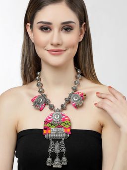Moedbuille - Handwoven Antique Tribal Design Oxidised Silver Plated Tasselled Necklace