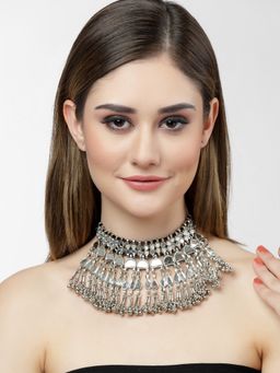 Moedbuille - Mirrors Studded Antique Afghan Design Oxidised Silver Plated Tribal Tasselled Choker