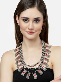 Moedbuille - Crystals Studded Layered Afghan Design Oxidised Silver Plated Antique Tribal Necklace