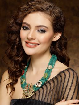 Moedbuille - Kundan Studded Handwoven Tribal Design Oxidised Gold Plated Antique Layered Necklace