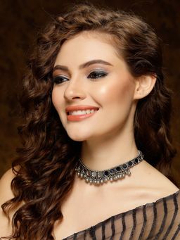 Moedbuille - Mirrors & Ghungroo Tribal Tassel Design Oxidised Silver Plated Afghan Choker