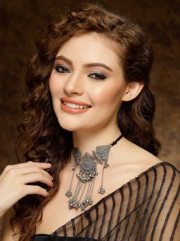Moedbuille - Ghungroo Studded Afghan Antique Design Oxidised Silver Plated Tassel Choker