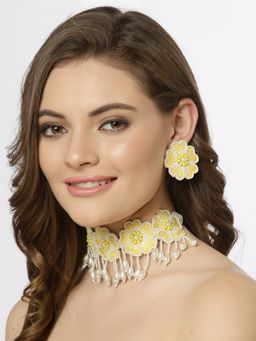 Moedbuille - Off White Pearls Embroidered Yellow Floral Design Contemporary Necklace Set