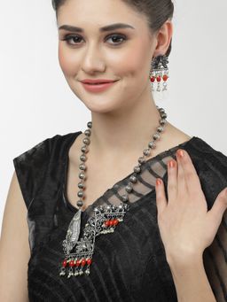 Moedbuille - Pearls Studded Tribal Temple Design Oxidised Silver Plated Filigree Jewellery Set