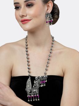 Moedbuille - Pearls Studded Tribal Temple Design Oxidised Silver Plated Filigree Jewellery Set