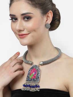 Moedbuille - Handpainted Meenakari Work Tasselled Oxidised Silver Plated Antique Jewellery Set