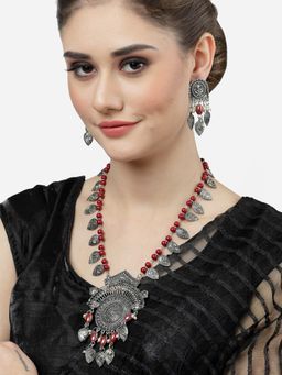 Moedbuille - Pearls Studded Temple Tasselled Design Oxidised Silver Plated Filigree Jewellery Set