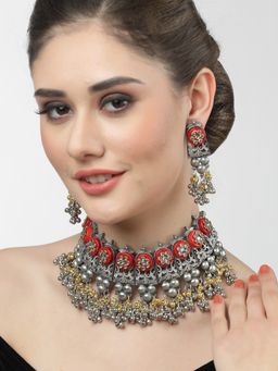 Moedbuille - Crystal Studded Tassel Design Oxidised Silver Plated Enamelled Jewellery Set