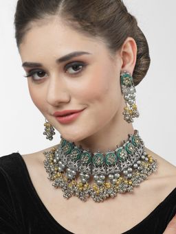 Moedbuille - Crystal Studded Tassel Design Oxidised Silver Plated Enamelled Jewellery Set