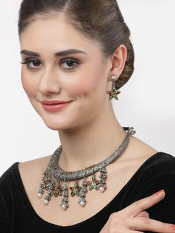 Moedbuille - Pearls & Crystals Tribal Tassell Design Oxidised Silver Plated Jewellery Set