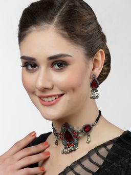 Moedbuille - Crystals & Pearls Antique Tribal Design Oxidised Silver Plated Jewellery Set