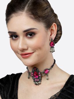 Moedbuille - Crystals & Pearls Antique Tribal Design Oxidised Silver Plated Jewellery Set