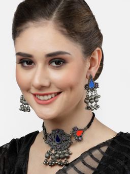 Moedbuille - Mirrors & Ghungroo Antique Tasselled Oxidised Silver Plated Afghan Jewellery Set