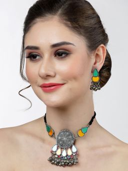 Moedbuille - Mirrors & Ghungroo Antique Tasselled Oxidised Silver Plated Afghan Jewellery Set