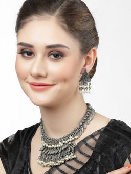 Moedbuille - Pearls Studded Antique Temple Oxidised Silver Plated Tribal Tassell Jewellery Set