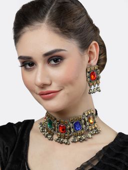 Moedbuille - Crystals Studded Antique Tassell Design Oxidised Silver Plated Jewellery Set