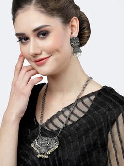 Moedbuille - Crystals & Pearls Temple Design Oxidised Silver Plated Antique Filigree Jewellery Set