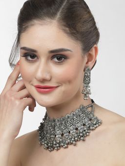 Moedbuille - Ghungroo Studded Antique Floral Design Oxidised Silver Plated Tribal Jewellery Set