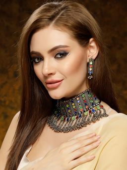 Moedbuille - Mirrors Studded Afghan Tribal Design Oxidised Silver Plated Tasselled Jewellery Set