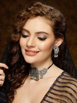 Moedbuille - Ghungroo & Stone Temple Design Oxidised Silver Plated Antique Jewellery Set