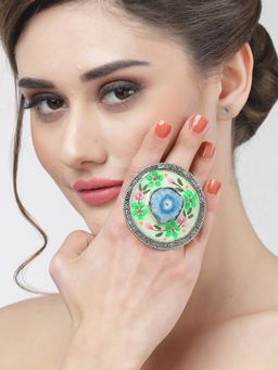 Moedbuille - Agate Studded Handpainted Meenakari Floral Design Oxidised Silver Plated Finger Ring