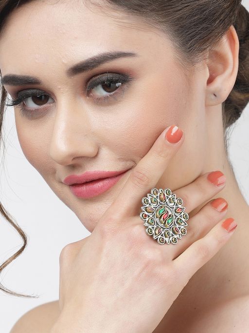 Moedbuille Crystals Studded Antique Tribal Design Oxidised Silver Plated Finger Ring