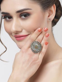 Moedbuille - Crystals Studded Antique Tribal Design Oxidised Silver Plated Finger Ring