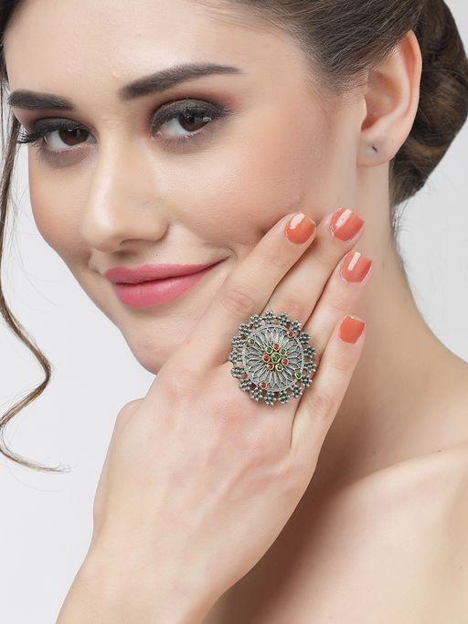 Moedbuille Crystals Studded Antique Tribal Design Oxidised Silver Plated Finger Ring