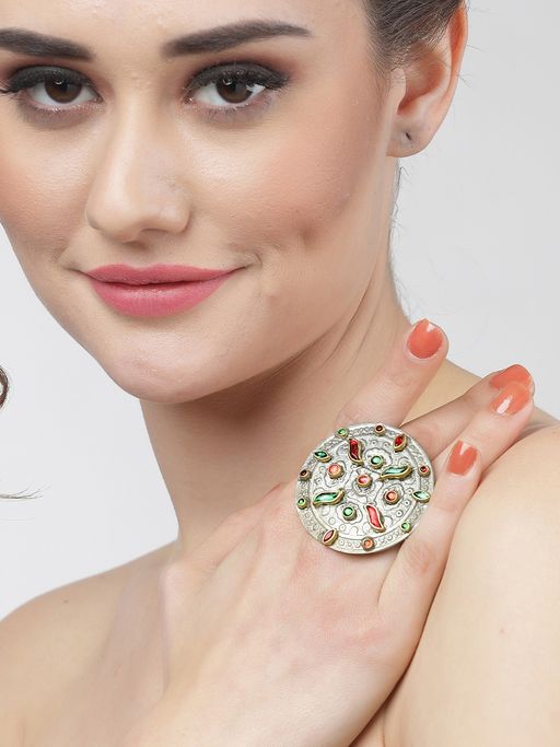 Moedbuille Crystals Studded Antique Tribal Design Oxidised Silver Plated Finger Ring