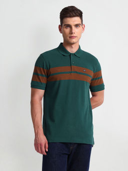 Arrow Sports - Green Horizontal Stripe Cotton Polo T-Shirt