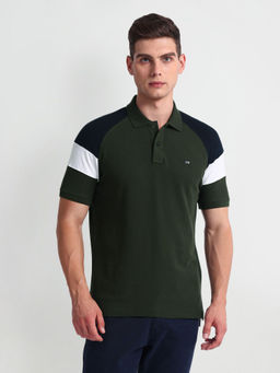 Arrow Sports - Green Colourblock Cotton Polo T-Shirt