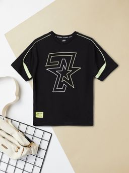 max - Boys Black Cotton Blend Half Sleeves T-shirt