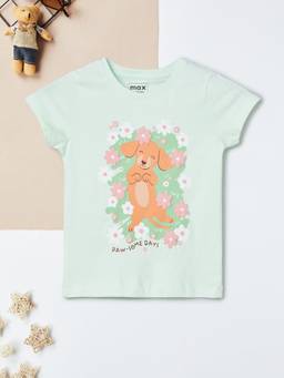 max - Girls Green Pure Cotton Half Sleeves T-shirt