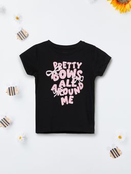 max - Girls Black Pure Cotton Half Sleeves T-shirt