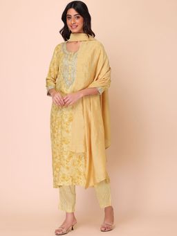 Indya - Yellow Marble Print Embroidered Rayon Kurta With Pants And Dupatta (Set of 3)
