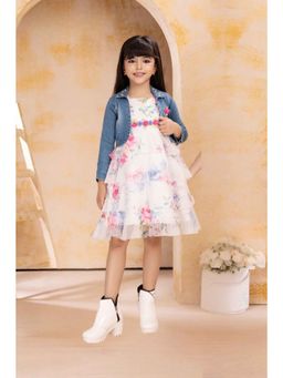 Lagorii - Cream Chiffon Floral Dress With Denim Jacket