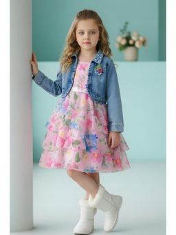Lagorii - Pink Chiffon Floral Dress With Denim Jacket