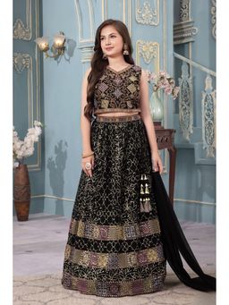 Lagorii - Black Silk Blend Floral Choli With Lehenga & Dupatta