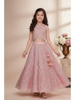 Lagorii - Pink Net Embroidered Choli With Lehenga