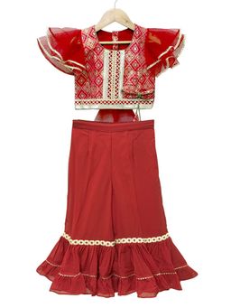Elaisha - Red Brocade Embellished Top With Palazzo