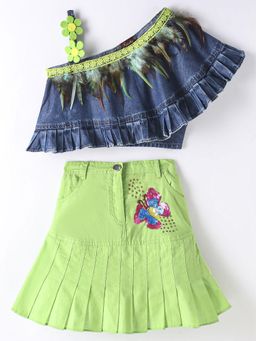 Elaisha - Blue Denim Embroidered Top With Skirt