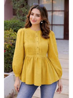 VAJOONI JAIPUR - Honey Dew Yellow Pintuck Peplum Top