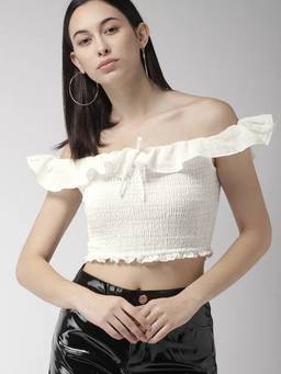 FELRIO - Women White Solid Bardot Crop Top