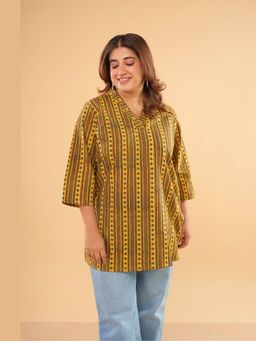 The Indian Ethnic Co. - Alisha Yellow Ajrakh Cotton Straight Tunic