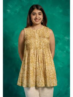 The Indian Ethnic Co. - Diana Yellow Bagru Cotton A Line Short Top