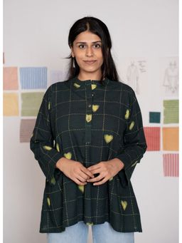 The Indian Ethnic Co. - Rivana Green Dabu Cotton A Line Short Top