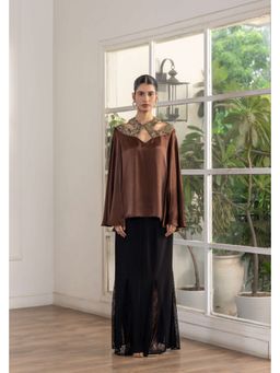 Dareiss - Brown Mocha Whisper Metallic French Lace Satin Top